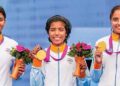 महिला कंपाउंड तीरंदाजी में अदिति, ज्योति और परनीत की जोड़ी ने स्वर्ण पदक जीता।