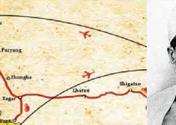 Map of Lhasa and Mansarovar made by measuring walking distance from Kathmandu