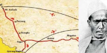 Map of Lhasa and Mansarovar made by measuring walking distance from Kathmandu